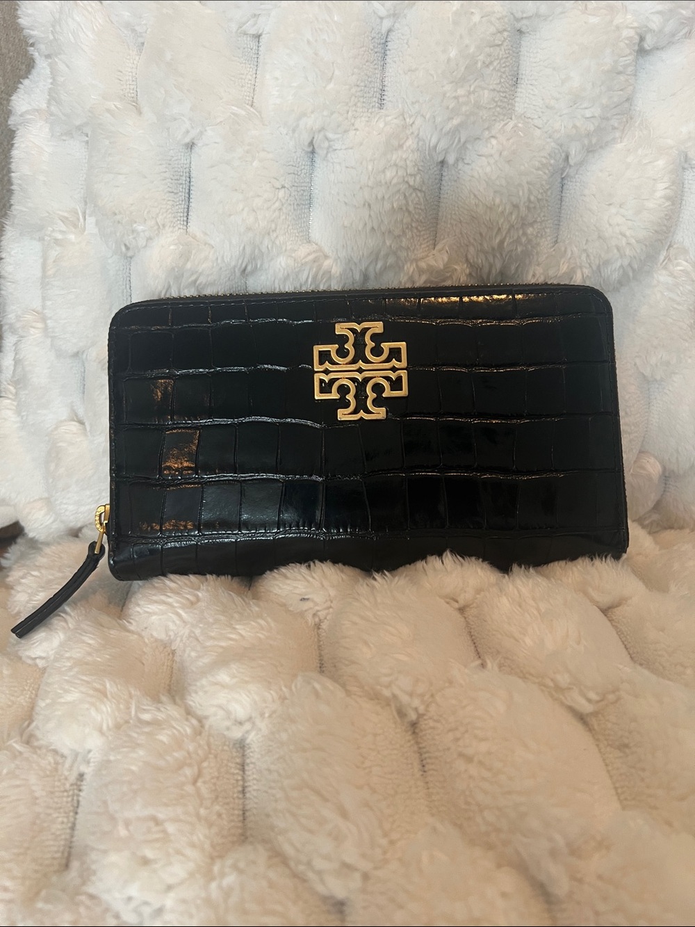 Tory Burch Black Croc-Embossed Zip Around Wallet with Gold Logo